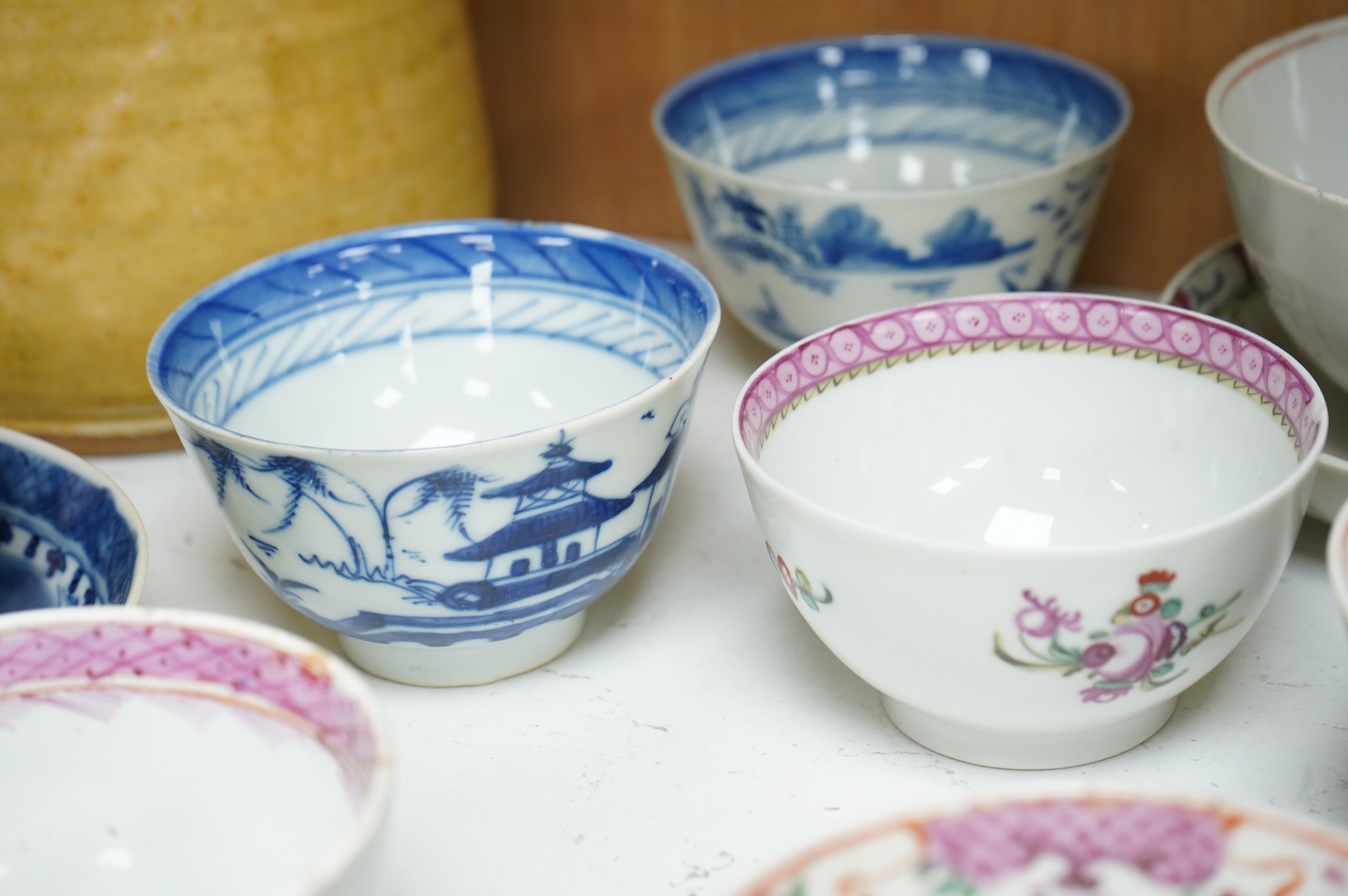 A collection of 18th century and later Chinese tea wares, a studio pottery jug & an R&L Parian bust of Handel, tallest 25cm